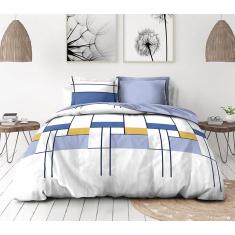 Parure de Couette 220x240 cm 3 pièces Percale de Coton Douce Housse taies Blanc Bleu Indigo Modèle L'intrigante (1/5)