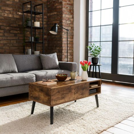 Couchtisch mit verstecktem stauraum - klappdeckel industriedesign