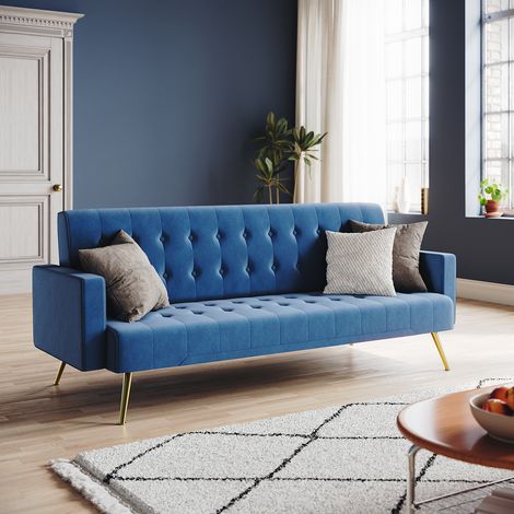 ELEGANT Modern Sofa Bed 3-level Adjustable Backrest Ultra Soft Material Velvet Cloth High-bounce Sponge Multi-person Sofa Blue, 192x79x75cm (1/5)