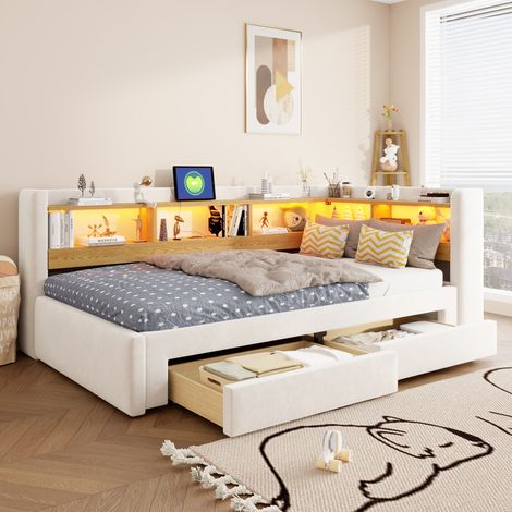 Lit gigogne banquette 90x200 à 180x200 cm - tiroirs - étagères - LED et prise - tissu rembourré - beige (1/4)