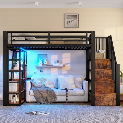 Lit enfant mezzanine 90 x 200 cm en métal et MDF avec escalier, rangement et LED, noir HAVRYA (1/5)