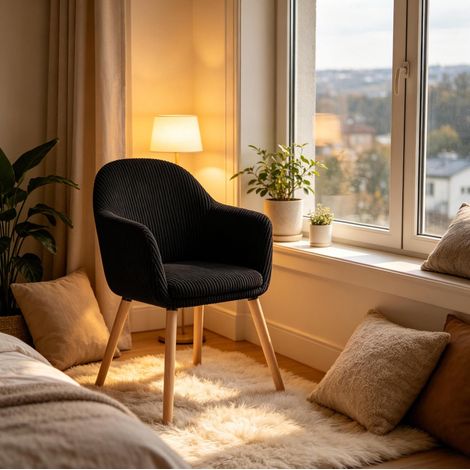 Chaise de salle à manger 53,5x83,5x46 cm noire en velours côtelé avec accoudoirs, confortable et stable (1/4)