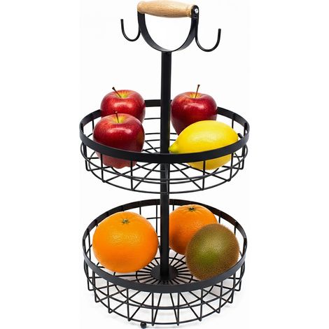 Relaxdays Obstkorb Etagere 2-stöckig, Obstschale für die Küche, moderner Metallkorb für Obst und Gemüse, Metall, schwarz