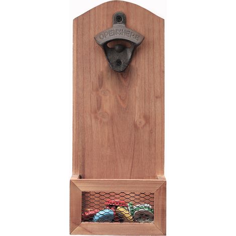 Bottle Opener with Cap Collector, Vintage Wooden Wall Mounted Bottle Opener for Men and Beer Lovers (1/5)