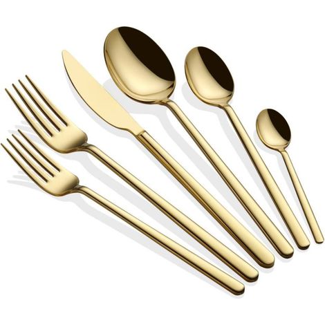Juego de cubiertos: cuchillo, tenedor, cuchara Set 100% STAINLESS Acero Gold (1/2)