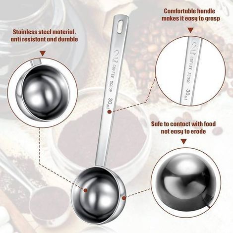 8 couleurs : Argent  Matériau : Cuillère en acier inoxydable avec long manche, cuillère doseuse en acier inoxydable de 30 ml.