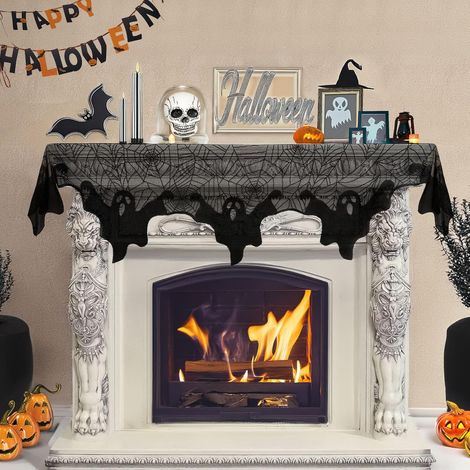 Foulard De Cheminée - Décor D'Halloween - Résille Fantôme Araignée En Dentelle Noire - 53 X 200 Cm - Pour Décoration De Manteau De Cheminée (1/5)