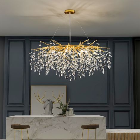 Moderne Deckenleuchte Gold 120 cm Kristall Pendellampe mit K9 Kristallen und E14 Fassung hoehenverstellbar stilvolle Beleuchtung fuer grosse Esstische
