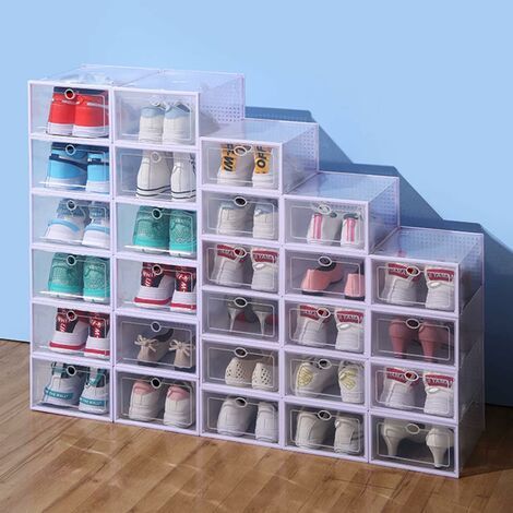 Lot de 12 boîtes à chaussures empilables en plastique transparent – Dimensions 33 x 23 x 14 cm – Jusqu'à la pointure 46 – Tiroir coulissant étanche à la poussière