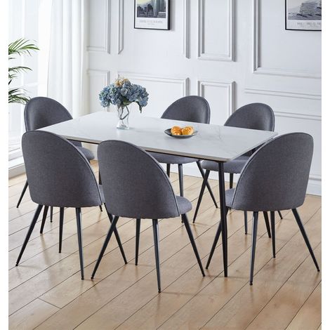 Hallowood Furniture Cullompton Large Dining Table and Chairs Set 6, White Faux Marble Table and Grey Fabric Curved Back Dining Chairs, Modern Furniture Set for Home or Cafe (1/5)