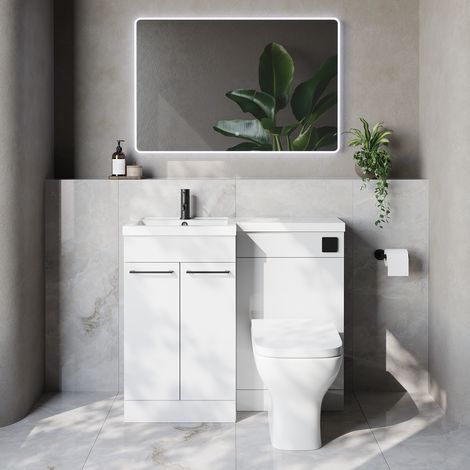 Napoli 390 Gloss White 1000mm 2 Door Vanity Unit Toilet Suite with Left Hand Square Lucia Basin - 1000mm - Matt Black 160mm HandleWith Kingston Toilet Pan and Seat