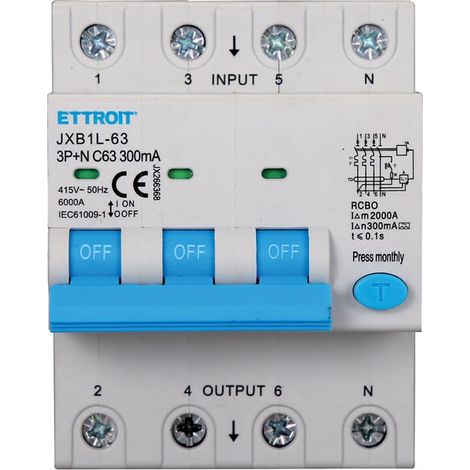 RCBO Interruttore Magnetotermico Differenziale Tipo A Curva C 3P+N 4M 6000A 300mA C63A AC 400V IP20 IEC61009-1