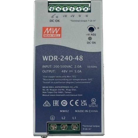 MW MEAN WELL WDR-240-48 Alimentatore Slim DIN Rail 240W 48V 5A Input 180-550V