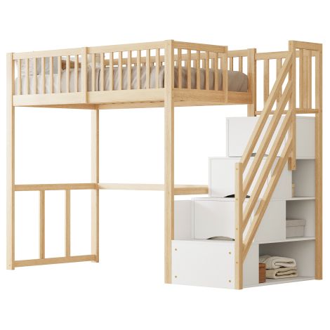 Hochbett mit Sicherheits-Aufbewahrungsleiter, Bettgestell aus massivem Kiefernholz für Kinder und Jugendliche (1/5)
