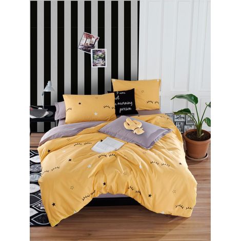 Parure de lit Double (Jaune) – Housse de Couette 200 x 200 cm et 2 taies d'oreiller 80 x 80 cm 65% Coton, 35% Polyester, Lavable en Machine, Design élégant (1/2)