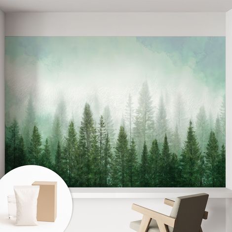 Papier peint intissé mural avec colle pour salon et chambre Décoration murale rapide - Colle incluse gratuite Loup dans la forêt 152x104 cm (1/5)