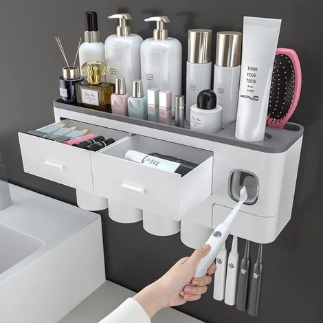 1 distributeur automatique de dentifrice, 7 fentes pour brosses à dents + tiroirs cosmétiques, support mural gain de place pour salle de bain