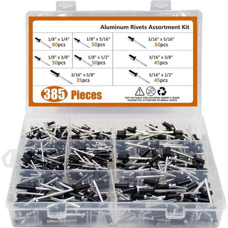 385 Pièces Rivets Aveugles en Aluminium, 8 Tailles Rivets Pop en Aluminium à Tête Large, Assortiment Rivets Aveugle pour Métal, Bois, Bateaux, avec Boîte (1/4)