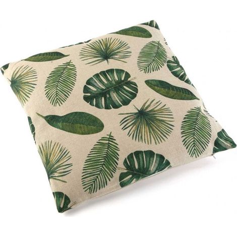 Coussin Décoratif Carré Feuilles Vertes Tropique en Polyester Effet Lin (1/3)