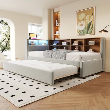 Sofá cama 90x200 cm gris claro en franela con cama nido, LED, puertos de carga y almacenaje (1/5)