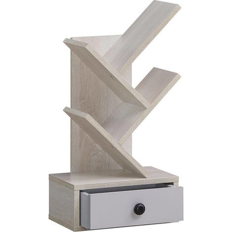 Bibliothèque arbre 5 niveaux avec tiroir, étagère de rangement sur pied beige, gain de place pour salon ou bureau (1/5)