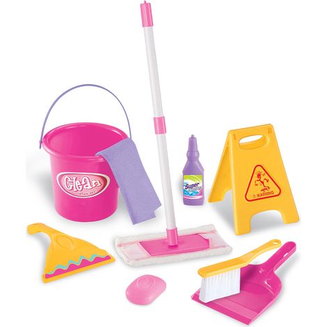 Set Pulizia Giocattolo per Bambini 9 Pezzi con Mocio e Secchio Mop Rosa e Giallo (1/4)