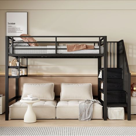 Cama alta infantil con almacenaje y estantes negra OKMYHOME (1/5)