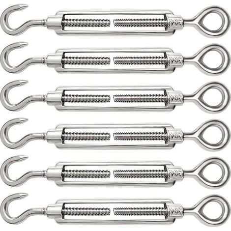 6 Pièces Tendeur Cable M6 Tendeur Cable Inox 304 Réglable Crochet de Ridoir et Oeil pour Tendeur de Fil Cable Acier Corde Crochet Tendeur Accessoires (1/5)