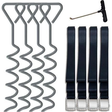 Set mit 4 robusten, spiralförmigen Trampolinstangen aus Stahl mit T-Haken für Trampoline - Bonus-Set mit 4 starken Sicherheitsgurten