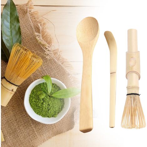 3-teiliges Matcha-Set aus Bambus: Matcha-Teebesen, gebogener Bambuslöffel, Chashaku-Teelöffel (1/4)