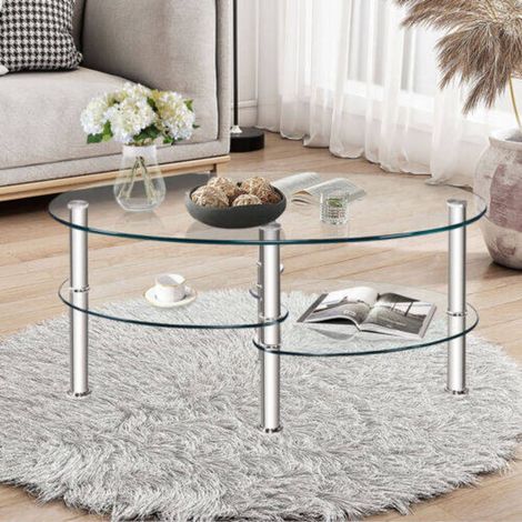 Pour salon et séjour, table basse en verre à 3 étagères, design ovale transparent et moderne (1/5)