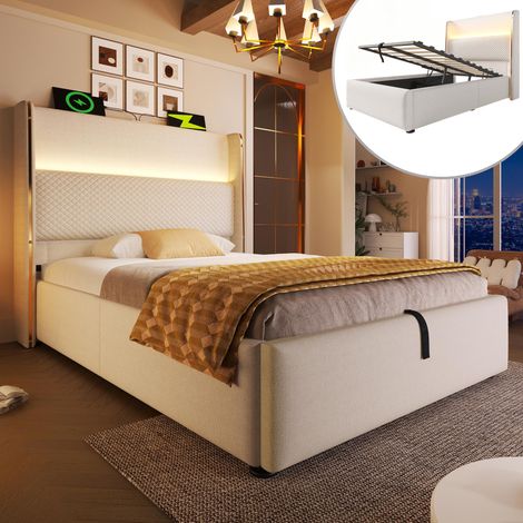 Lit hydraulique moderne avec haute tête de lit, lit simple 90x200cm avec éclairage LED, espace de rangement et ports USB/Type-C, aspect lin beige (sans matelas), garantie 2 ans (1/5)
