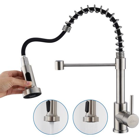 Auralum Grifo de cocina extraíble con muelle, Giratorio a 360° Grifo de Fregadero de acero inoxidable, Grifo de cocina monomando con caño extraíble 40CM, Fijo mode y Extraíble Mode (1/5)