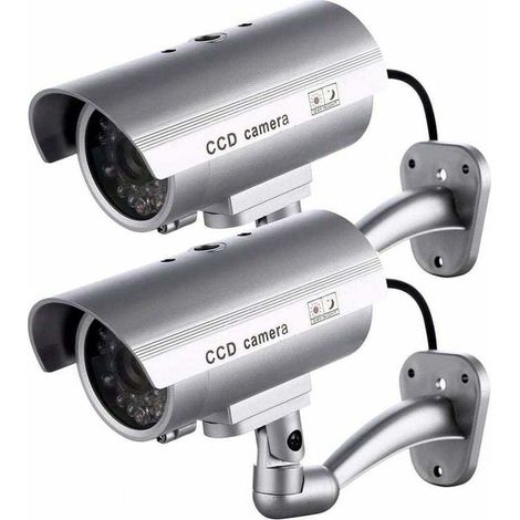 Lot de 2 caméras factices pour intérieur ou extérieur, en forme de sphère et LED clignotante RTGPT (argent) (1/4)