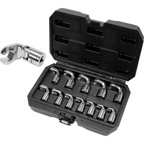 YATO Gelenk‑Ringschlüssel Set 3/8" Steckschlüsselsatz 12‑tlg.  CrV Werkzeugset 8–19 mm in Aufbewahrungsbox  Gelenkschlüssel für schwer zugängliche Stellen & Sensoren