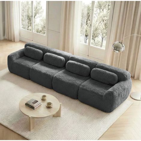 Divano 4 posti in tessuto peluche premium, base antiscivolo, con cuscini, grigio HAVRYA (1/5)