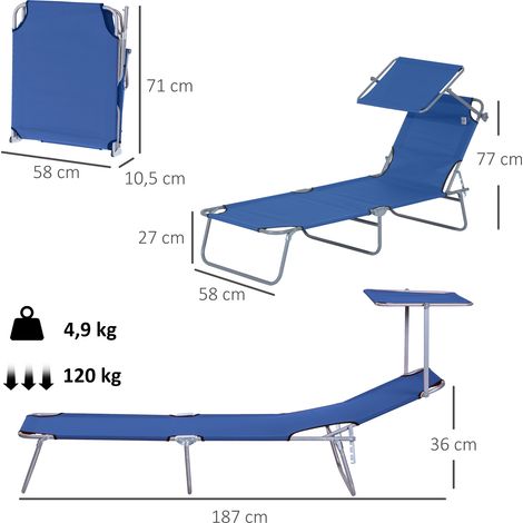 Transat avec pare-soleil, pliable, dossier réglable, structure en métal, 187 x 58 x 36 cm, bleu (1/5)