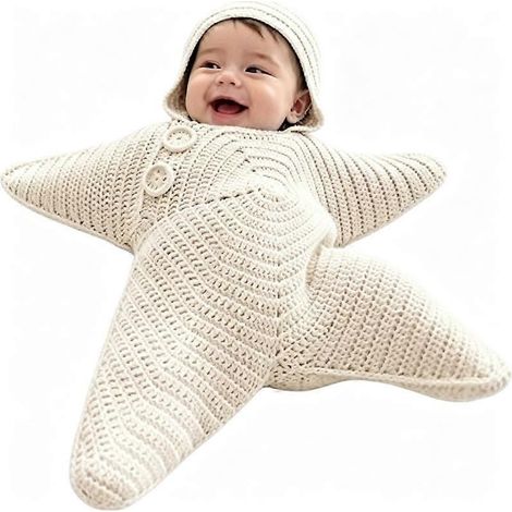 Kit de matériel blancCouverture bébé étoile au crochet faite main avec capuche, tenue tricotée légère et respirante pour nouveau-né, adorable déguisement pour séance photo en studio (1/5)