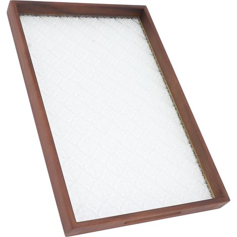 Plateau de service rectangulaire en verre et noyer, robuste, idéal pour gâteaux, pains, petits-déjeuners et en-cas. Grande taille. (1/5)