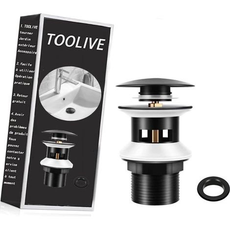 Bonde de lavabo Bonde de Lavabo avec Trop-plein Noir Mat, Chonphan Universelle G1 1/4" Laiton Valve Pop-up Bonde de Vidage pour lavabo, Clic-clac, Installation Sans Outil (Pas de fuite d'eau, Pas de (1/5)
