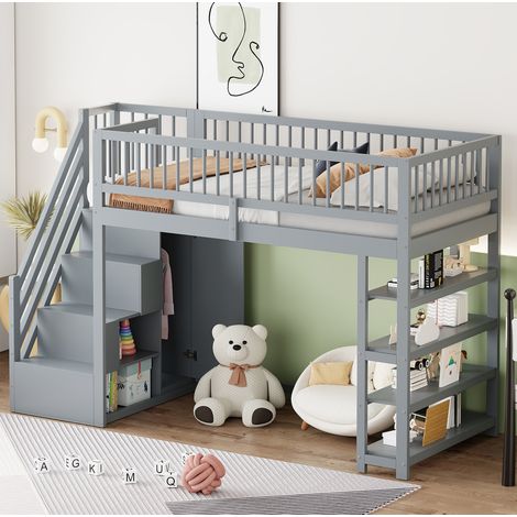 Cama alta infantil con armario y almacenaje gris OKMYHOME (1/5)