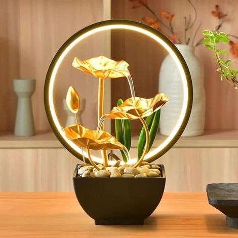 Zimmerbrunnen LED, Tischbrunnen mit Beleuchtung Wasserfall, Moderne Zen Deko mit geräuschloser Pumpe, Entspannung Meditationsdekoration für Haus, Büro, Garten, Wohnzimmer, H 28 cm