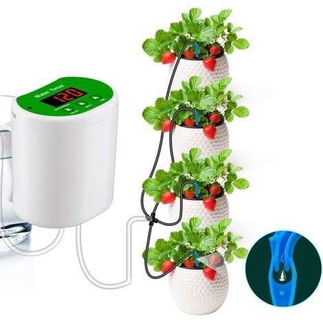 Système d'arrosage automatique intérieur pour 4 plantes en pot - Goutte-à-goutte rechargeable, minuterie programmable, parfait pour balcons et terrasses, économe en eau. (1/5)