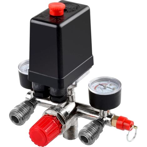Interruptor de presión robusto para compresores de aire, con válvula de control, regulador y manómetro. (1/5)