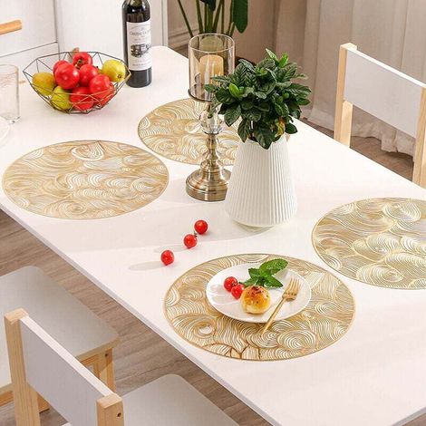 6er-Set runde, goldfarbene PVC-Tischsets – rutschfest, hitzebeständig und abwaschbar – ideal für Hochzeiten und Veranstaltungen – Crezuo
