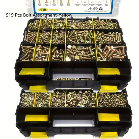 Coffret de 919 pièces de boulons à tête hexagonale et écrous, assortiment de vis hexagonales en acier au carbone zingué jaune, kit de fixation et d’assemblage (1/5)