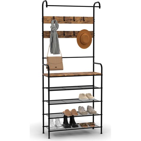Idmarket – Vestiaire d'entrée avec 5 étagères en bois vieilli et métal noir – Dimensions 79x32x185 cm – Charge maximale 12 paires de chaussures (1/5)