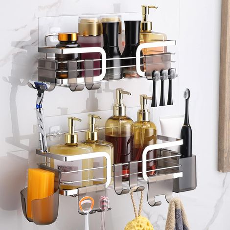 étagère de Douche sans Perçage 2 pièces étagère Salle de Bain Murale Inox Serviteurs de Douche Auto-AdhéSif Porte Shampoing Douche mit 10 Crochets Support Gel Douche Salle de Bain, Argenté (1/5)