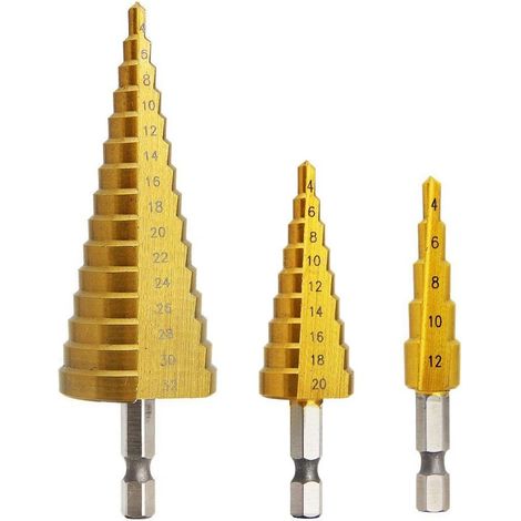 Set di 3 punte a gradini, in acciaio inossidabile HSS, 4-12/20/32 mm, triangolari coniche in titanio, con gambo esagonale, per foratura con cacciavite su acciaio, ottone, legno, plastica