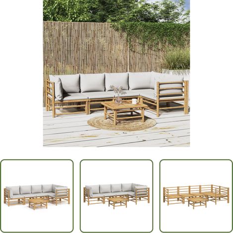 Bambusmöbel -  6-tlg. Garten-Lounge-Set mit Hellgrauen Kissen Bambus (1/5)